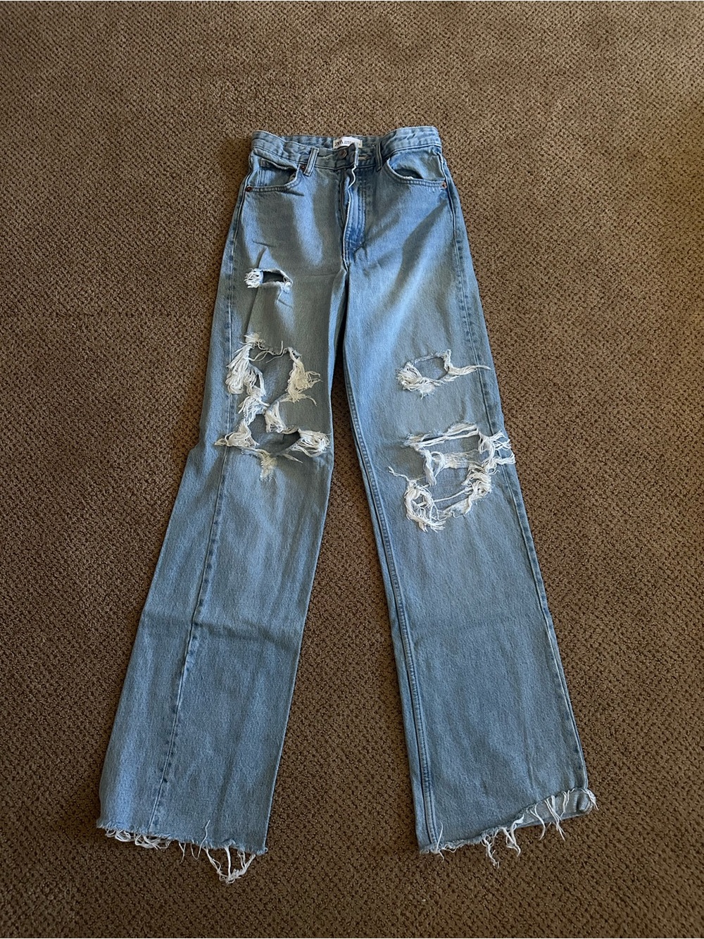 Zara Light Blue Distressed Straight-Leg Jeans High-waist